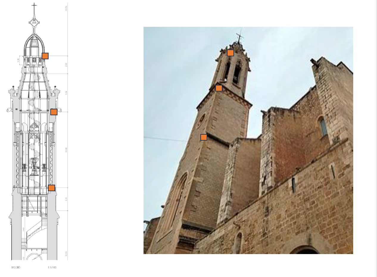 Tilt and vibration sensor layout on a heritage bell tower, matched to the structural section.